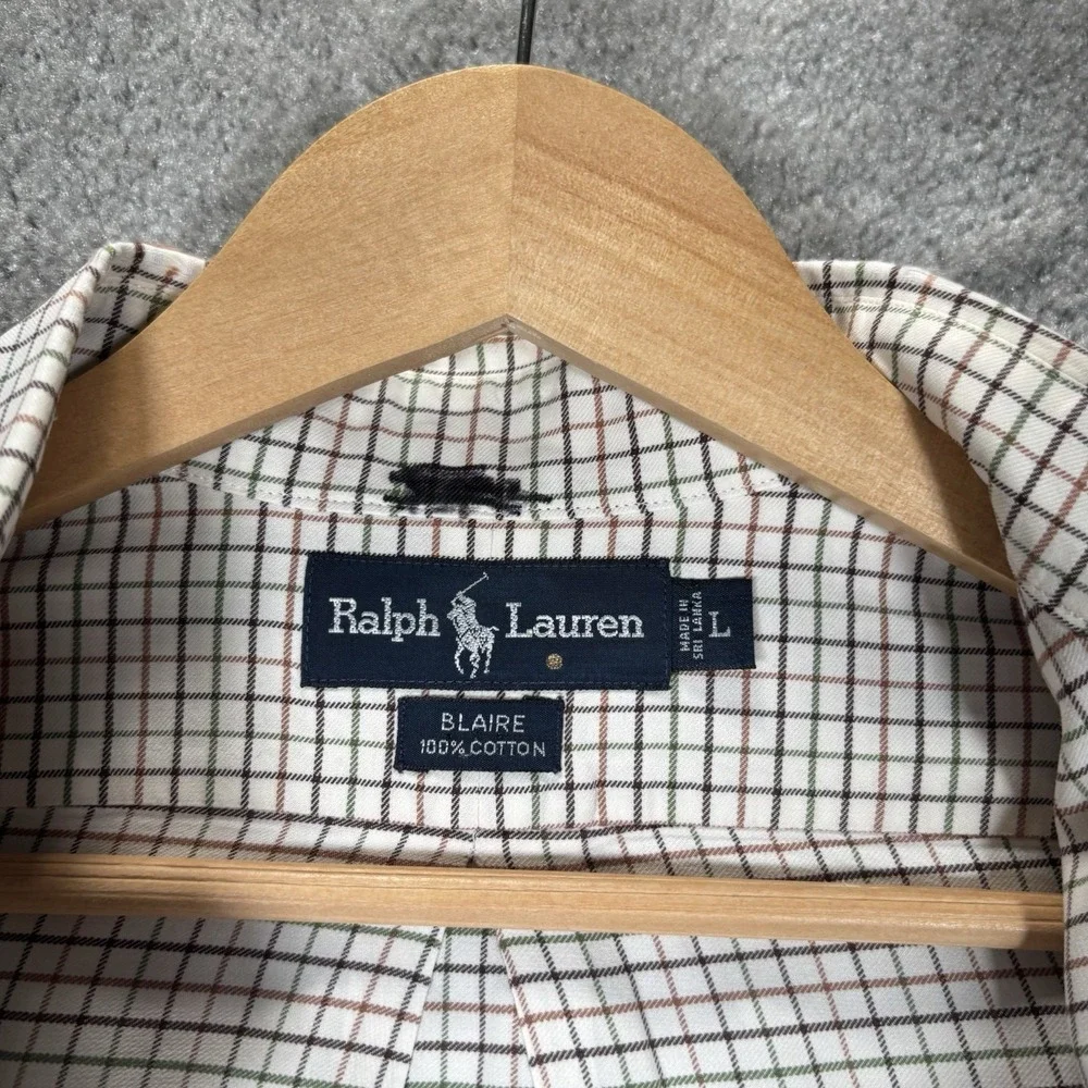 Vintage Polo Ralph Lauren Blaire Shirt Mens L Ivory Plaid Long Sleeve Pocket 90s